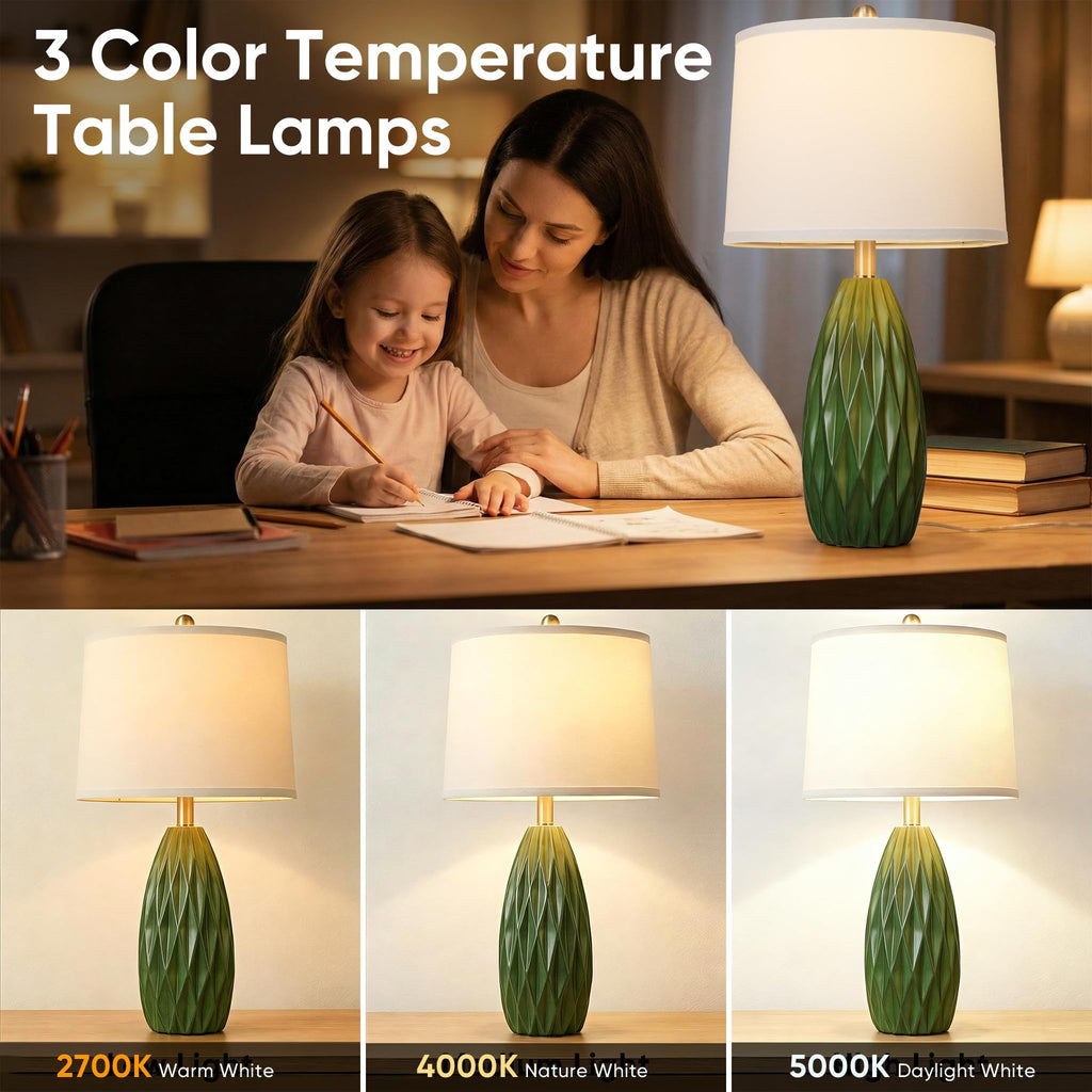 Modern Resin Table Lamp Set of 2, Nightstand Bedside Lamp, Green