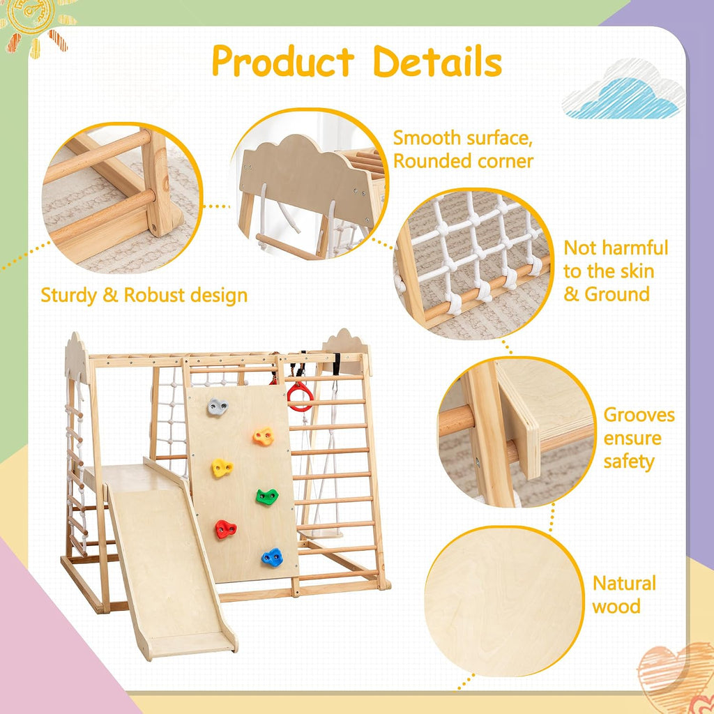 In-1 Wooden Indoor Jungle Gym for Toddlers, Montessori Climbing Playset with Slide, Swing, Climbing Net, Rings