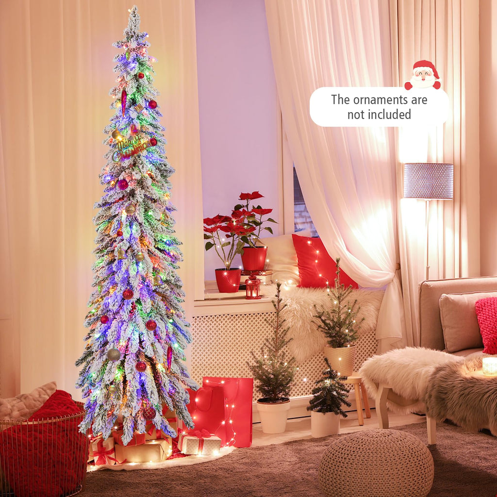 6ft Pre-Lit Snow Flocked Pencil Christmas Tree with 11 Light-Modes