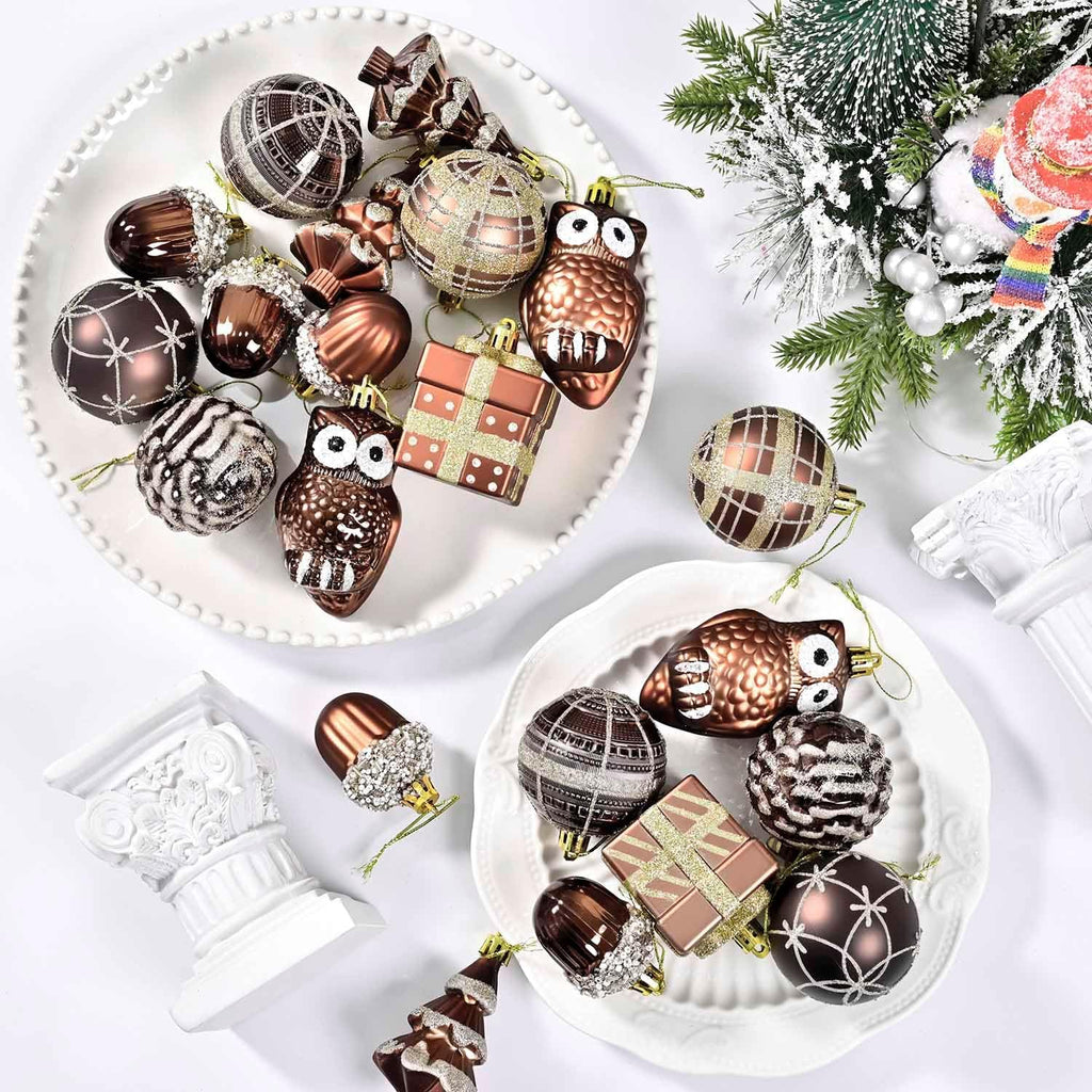 Christmas Ball Ornaments Set, 2.36 Inches Brown Gold Copper Assorted Xmas Tree Ball Ornaments, Shatterproof - Set of 38