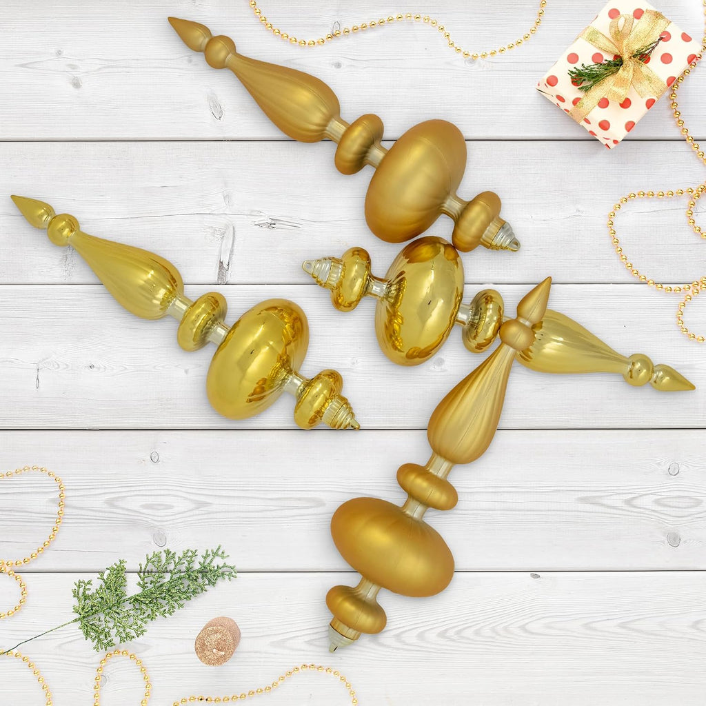 2-Finish Christmas Finial Shatterproof Ornaments Gold -12" 4ct