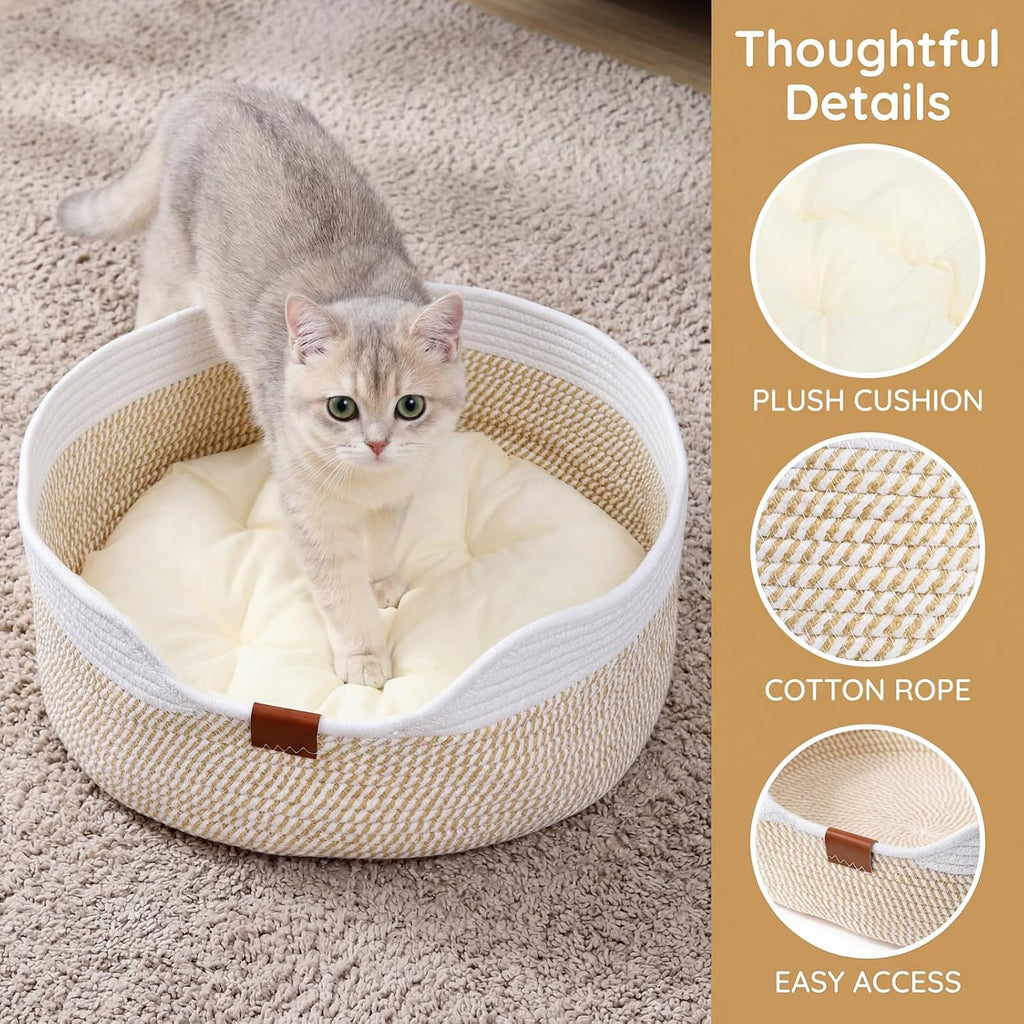 Cat Basket with Cushion, 20 Inch Cotton Rope Pet Sleeping Bed