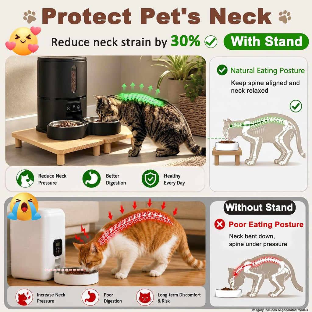 2-Pack Cat Food Stand, Elevated Pine Wood Cat Feeder Stand for 2 Cats