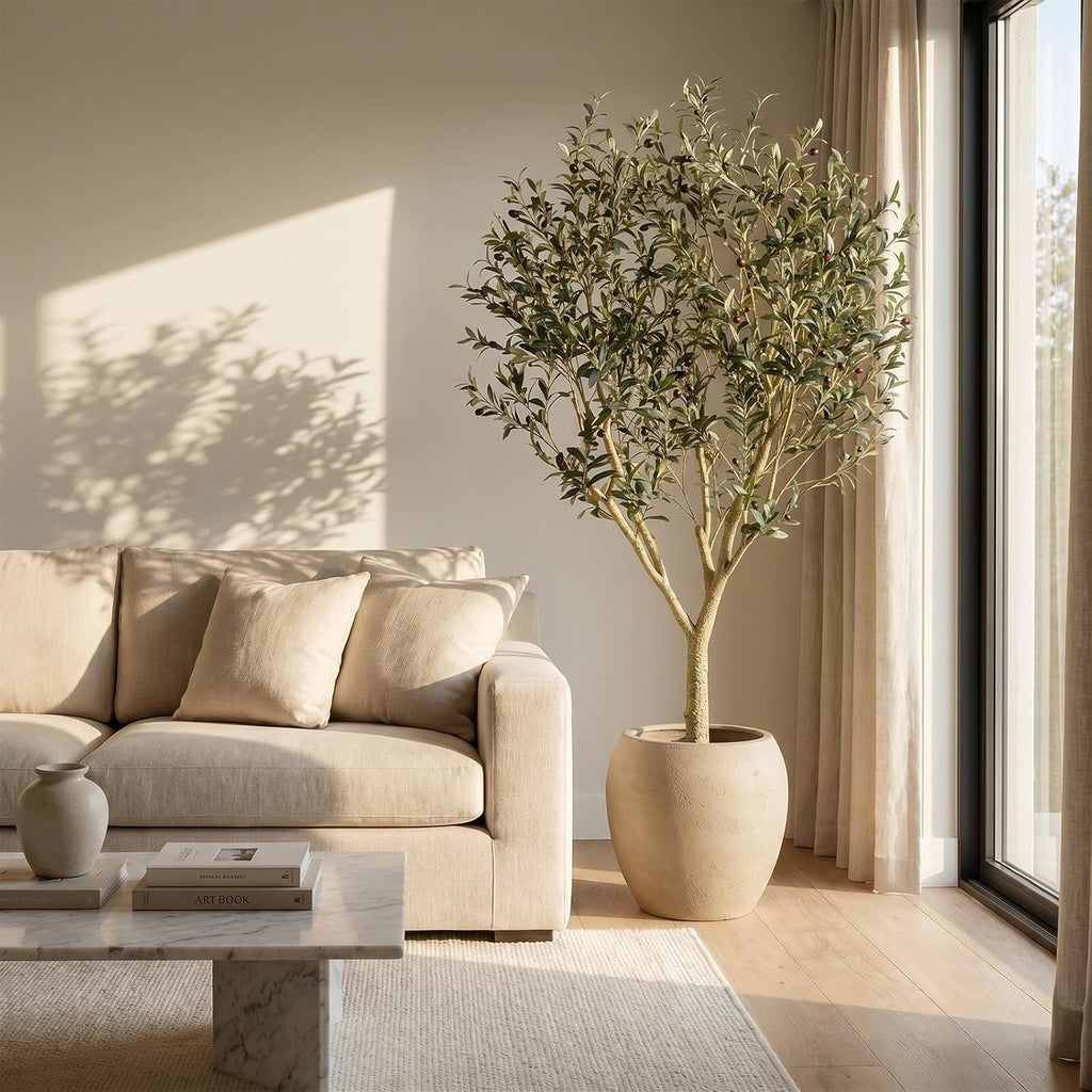 7ft Artificial Olive Tree with Natural Wood Trunk - Tall Indoor Floor Tree , and Office Decor