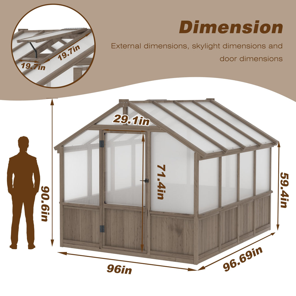 8x8 FT Greenhouses for Outdoors, Cedar Green House with 6MM Polycarbonate Panel, Greenhouse Kit with Adjustable Vent