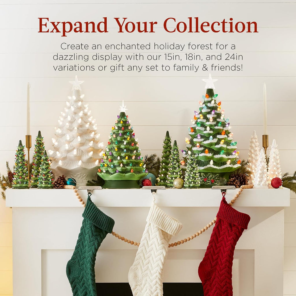 18in Large Ceramic Christmas Tree, Pre-lit Hand-Painted Tabletop Frosted Holiday Decoration w/Power Cord, 2 Star, 93
