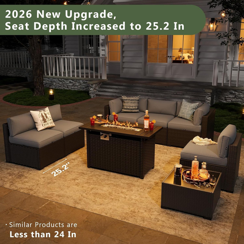 8 Piece Patio Furniture Set with 44" Fire Pit Table, Wicker Rattan Patio Sectional Sofa, Outdoor Furniture Set with