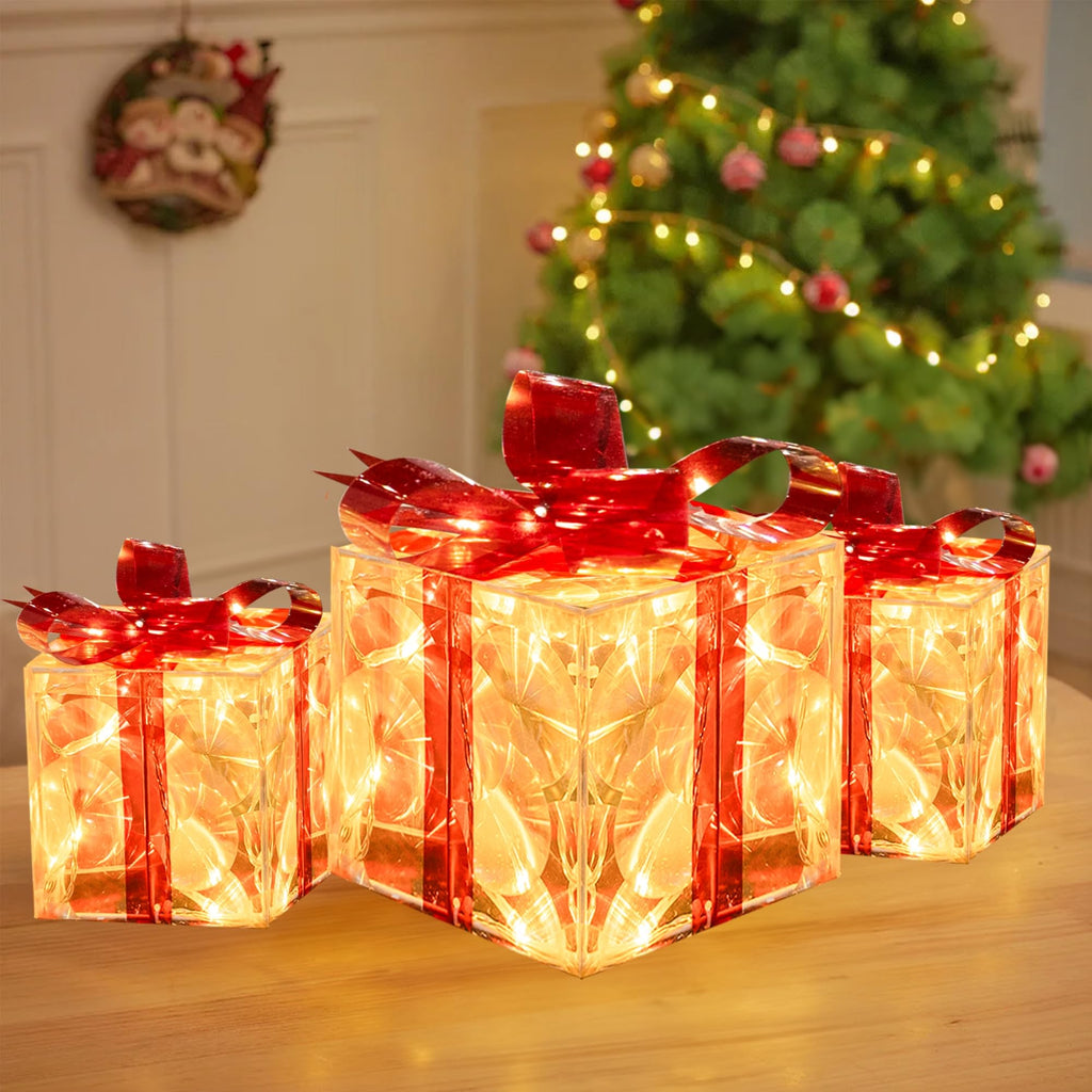 Set of 3 Christmas Lighted Gift Boxes, Pre-lit 60 LED Light Up Present Boxes Ornament Decorations with Ribbons for