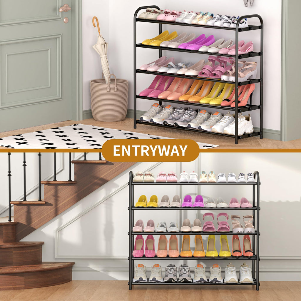 5-Tier Metal Expandable Shoe Rack for Closet and Entryway, Black