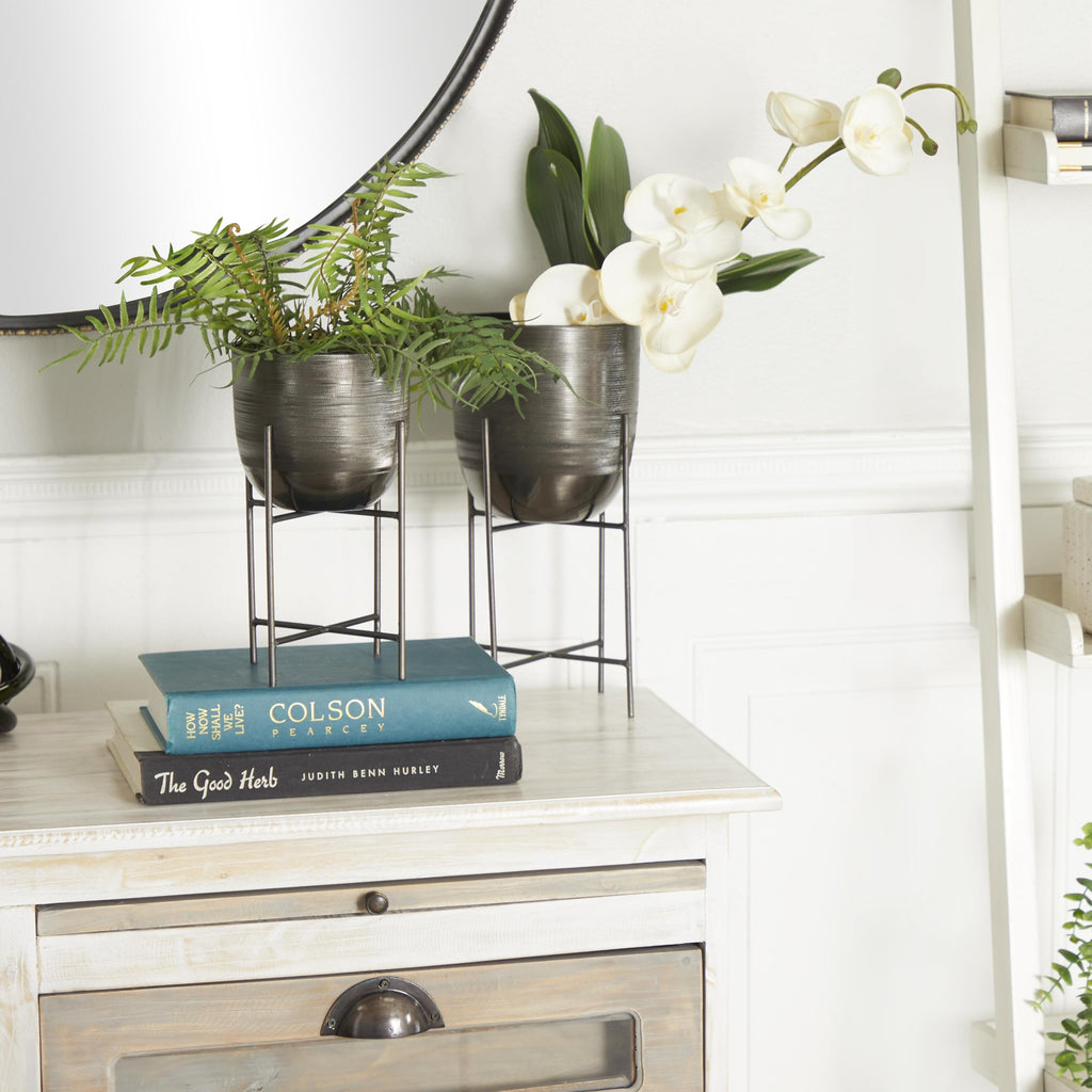 Metal Small Brushed Dome Planter with Removable Stand, Set of 2 12", 9"H, Gray