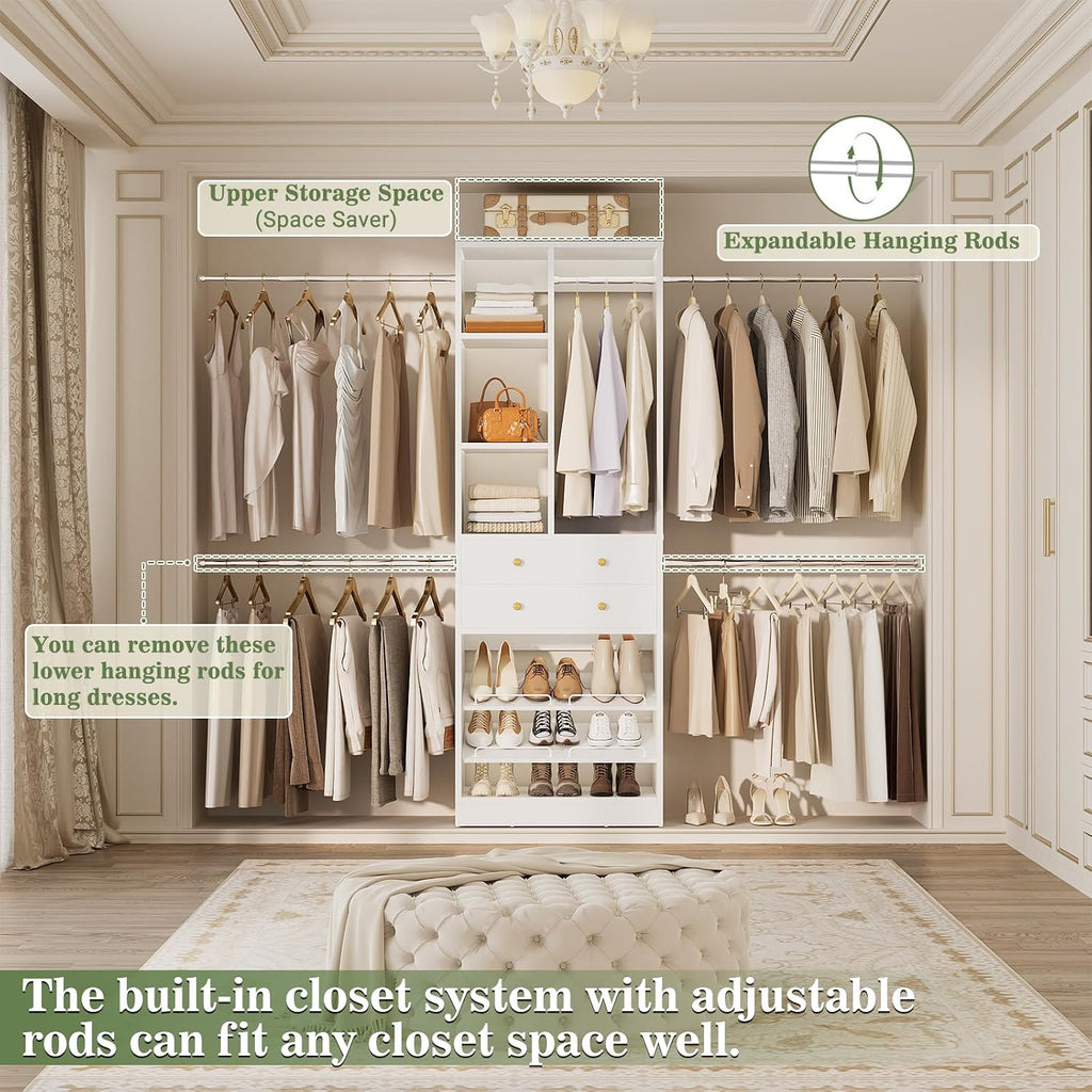 Closet System, 4.2-8.8 FT Closet Organizer with 2 Wooden Drawers and Shelves, Walk-in Closet System with 5 Hang Rods