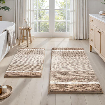 Beige Bathroom Rugs Sets 2 Piece Chenille, 20"x32"+17"x24"