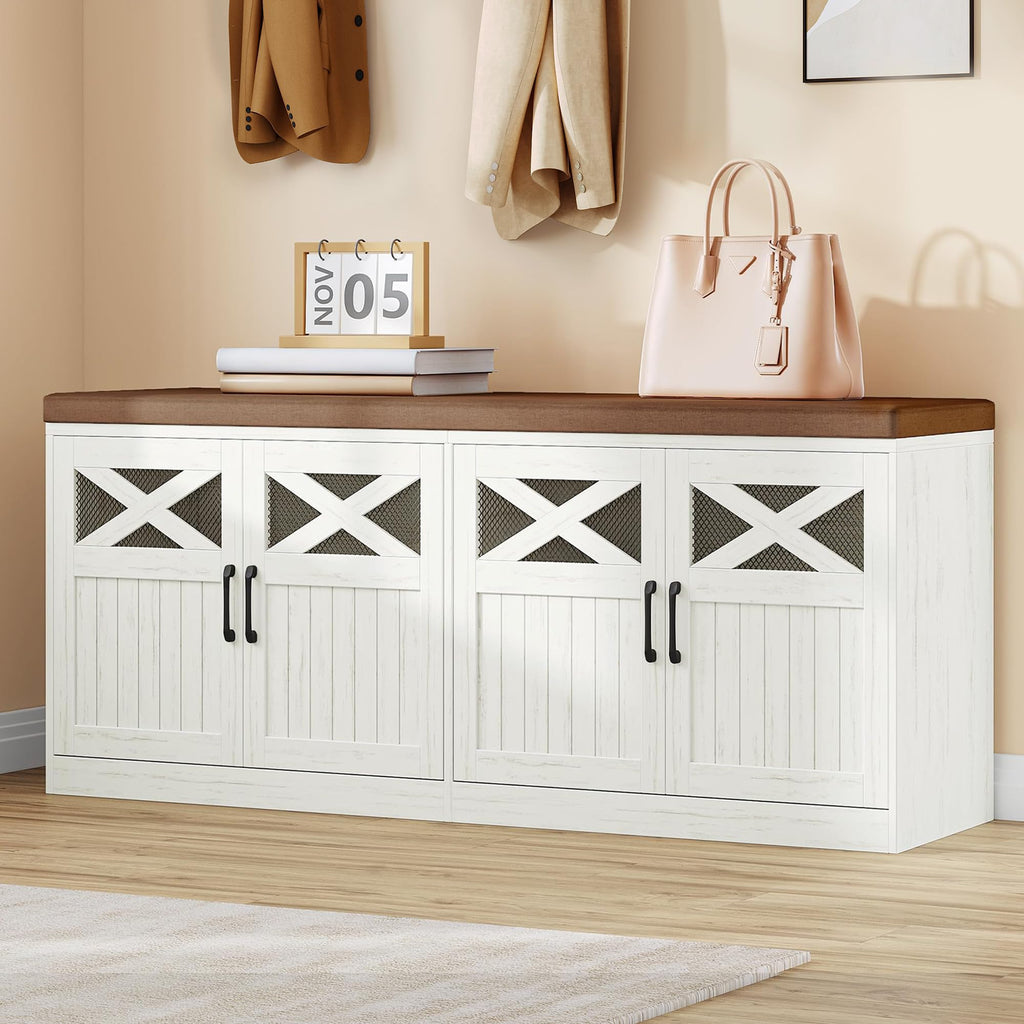 47.2" Shoe Storage Bench with 4 Barn Doors & Padded Seat Cushion