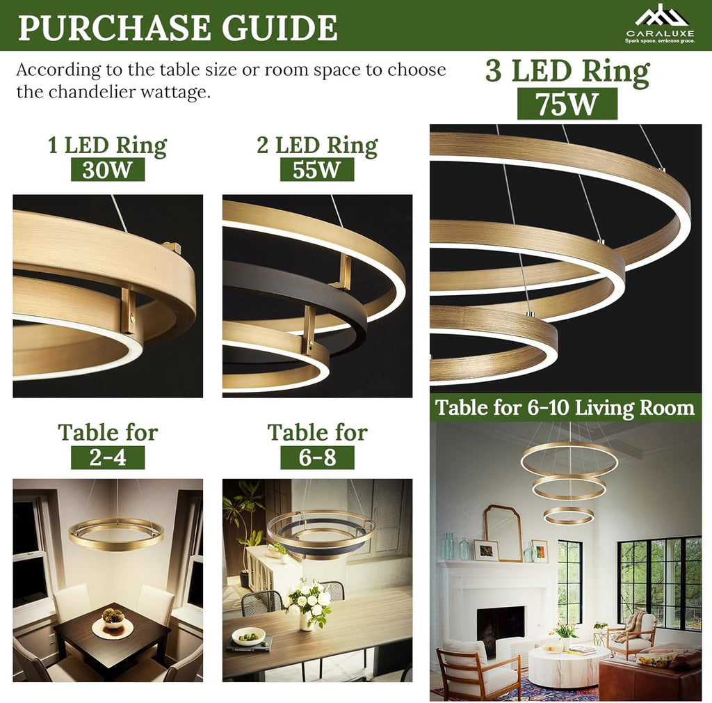 LED 3-Ring Chandelier Gold Dimmable Modern Pendant Light with Remote Control Vintage Brass LED Circle Chandelier for