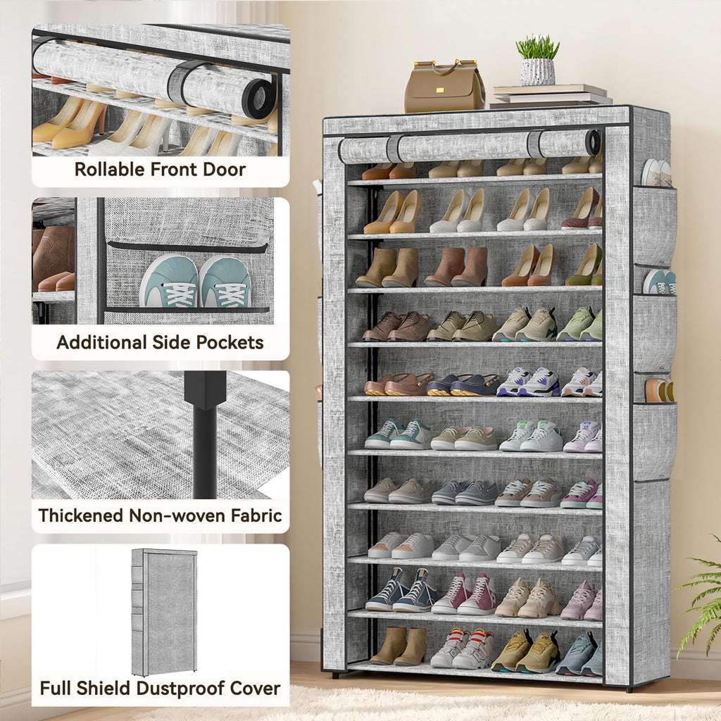 Shoe Rack Dustproof Sturdy 10Tier Tall Large Storage with Side Pocket