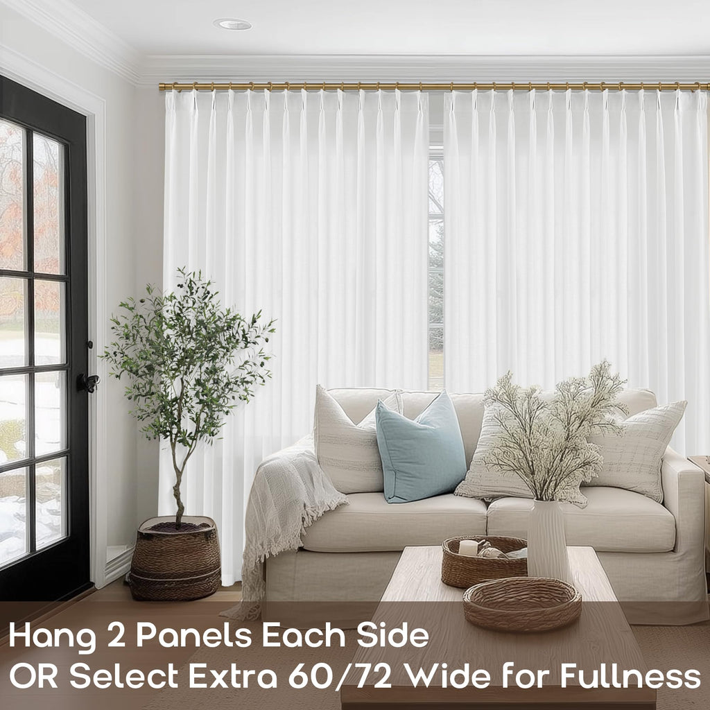 104 Inch Long Linen Curtains, White Semi Sheer Pinch Pleat Drapes, Light Filtering Panel Track System