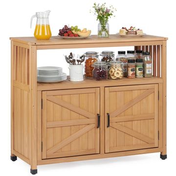 Outdoor Patio Bar Table, Wooden Serving Station with Storage Cabinet