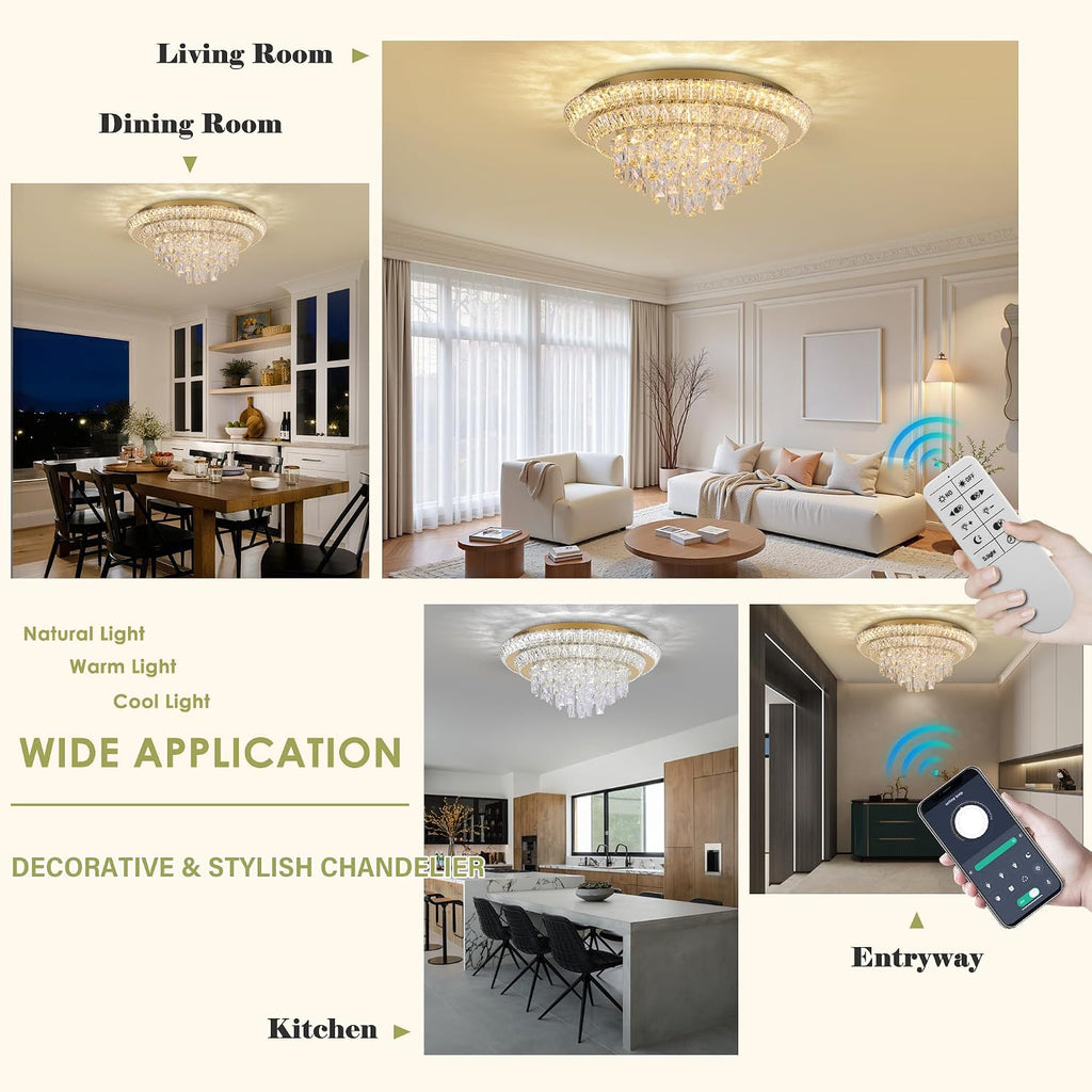 24 inch Flush Mount Crystal Chandelierse with Remote and APP Gold, Modern Elegant LED Crystal Raindrop Ceiling Light
