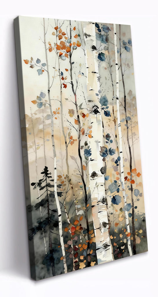 Birch Tree Canvas Wall Art Vertical Forest Watercolor Painting, Modern Nature Canvas Prints, Green Bathroom Decor