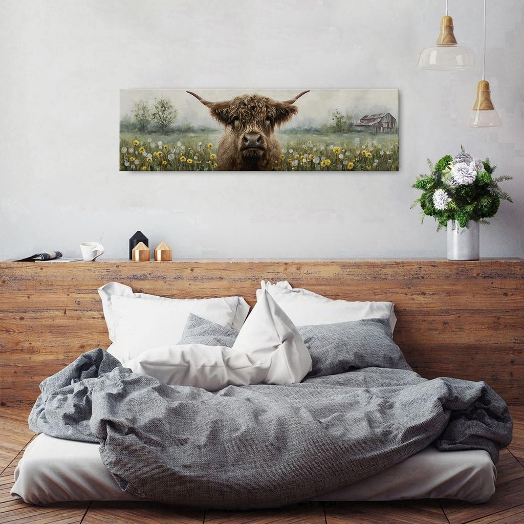 Farmhouse Highland Cow Wall Art Abstract Country Dandelion Picture Barn Longhorn Cattle Wall Decor Western Flower