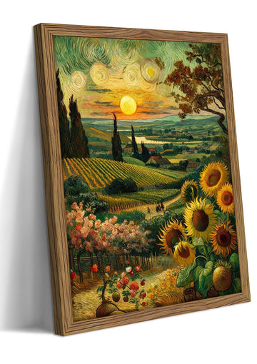 Framed Vintage Sunflower Wall Art, Cottagecore Van Gogh Impressionist Canvas Wall Decor Painting, Rustic Farmhouse