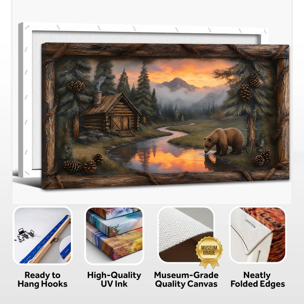 Extra Large Cabin Wall Art, Bear Lake Sunset Canvas Wall Decor with Faux Rustic Border, Mountain Lodge Wildlife