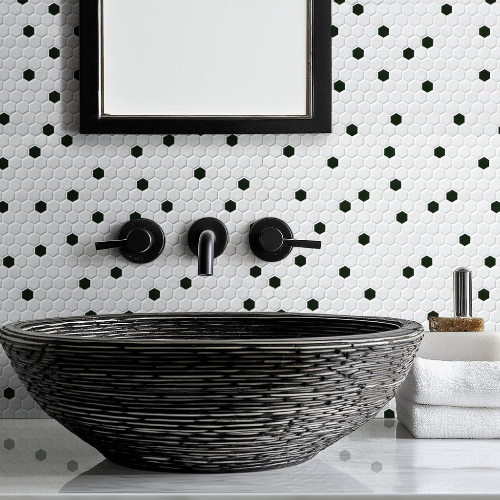 Black White Hexagon 10x12in Matte Porcelain Mosaic Tile Flooring