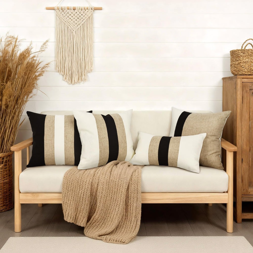 Linen Patchwork Pillow Covers 18x18 Inch Set of 2