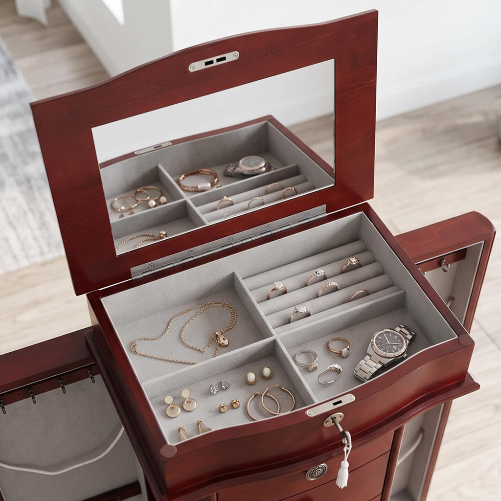 Nora Jewelry Armoire Cabinet with Mirror - 7 Drawers, Locking Top, Necklace Hooks, Anti-Tarnish Felt - Traditional