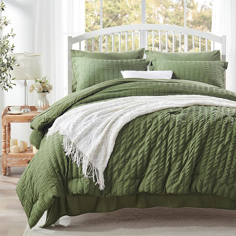 Queen Comforter Set 7 Pieces, Olive Green Seersucker Bed in a Bag with Comforter and Sheets
