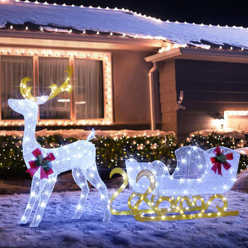 6 FT Christmas Lighted Reindeer & Santa's Sleigh Set, Cold White