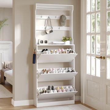 Tall Shoe Cabinet with Coat Rack, Hidden Shoe Storage Cabinet with Doors & Drawer, Hanging Bar & Hooks, Slim Narrow