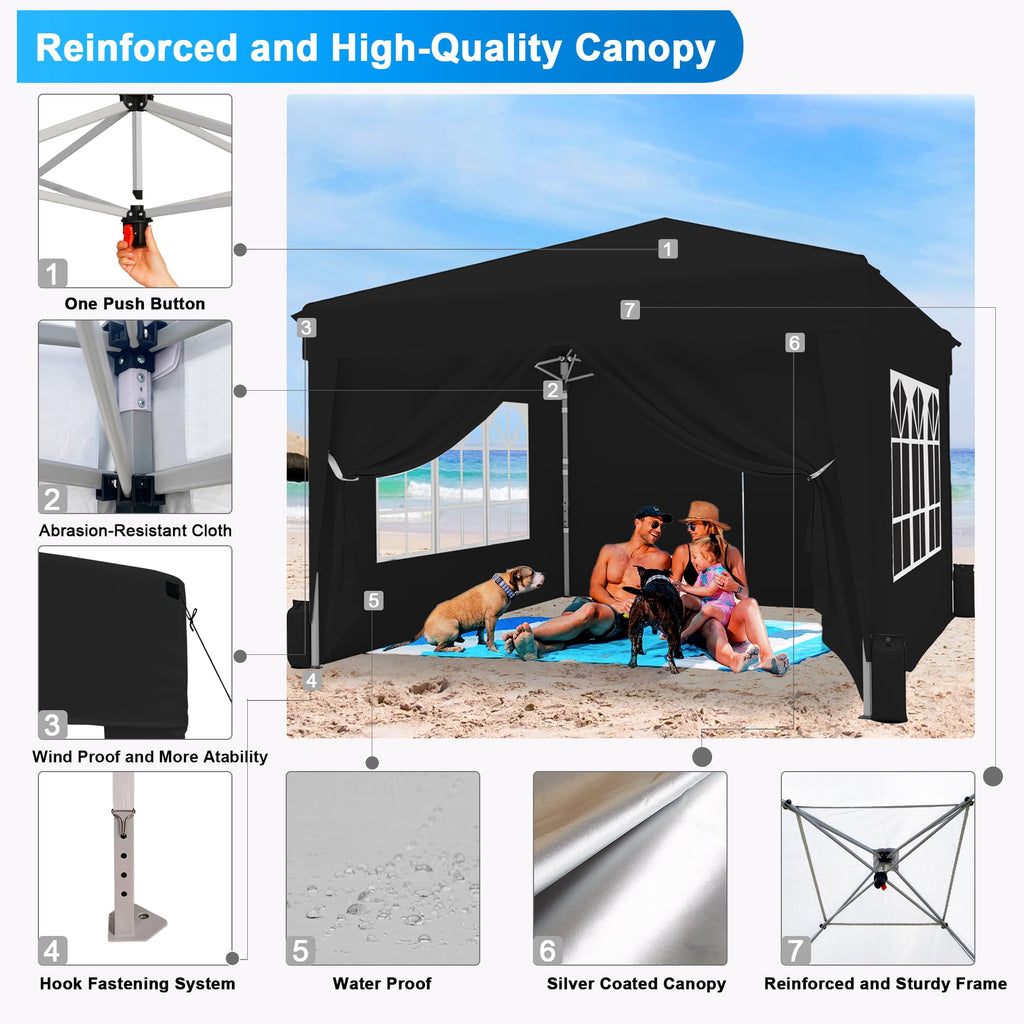 10x10 Pop Up Canopy Tent, One Push One Person Setup, Black