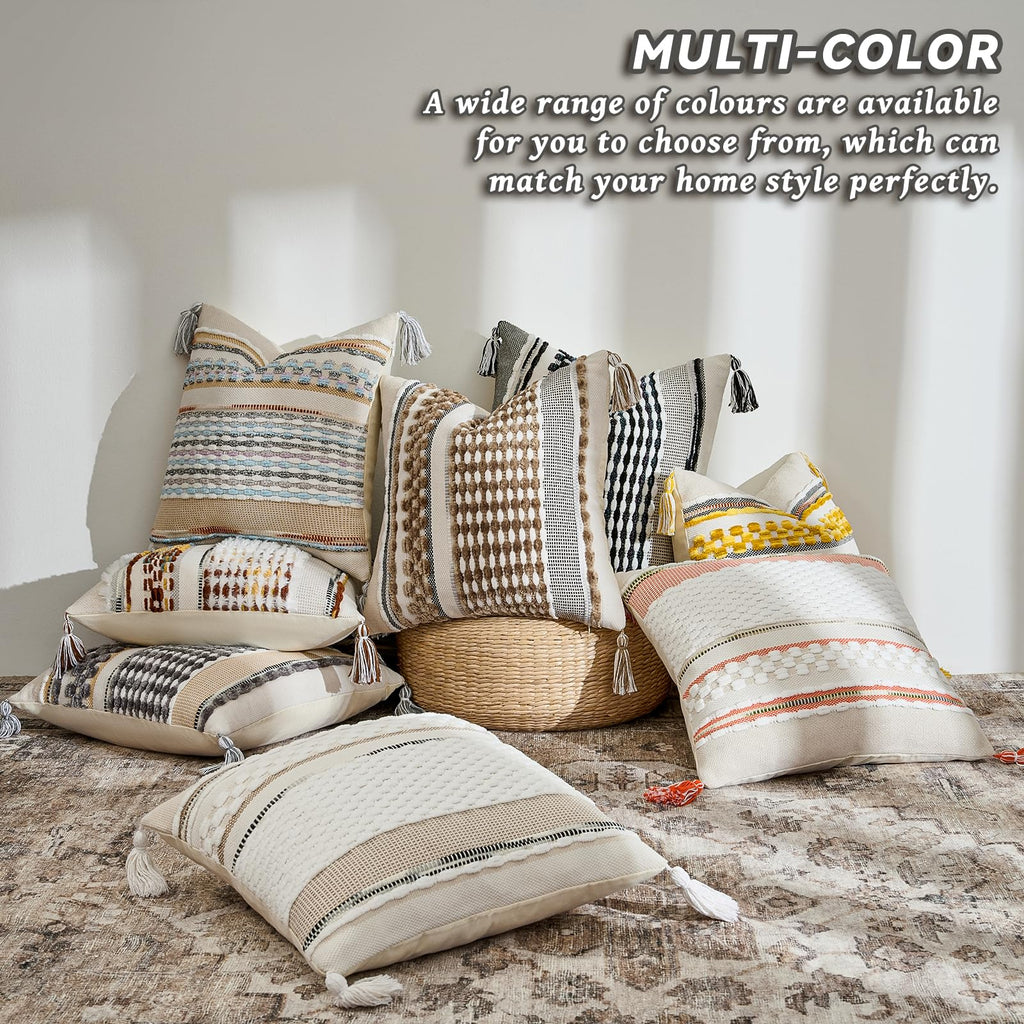 Chenille Striped Tufted Textured Boho Throw Pillow Covers Aesthetic with Tassels Woven Decorative Pillow Case for