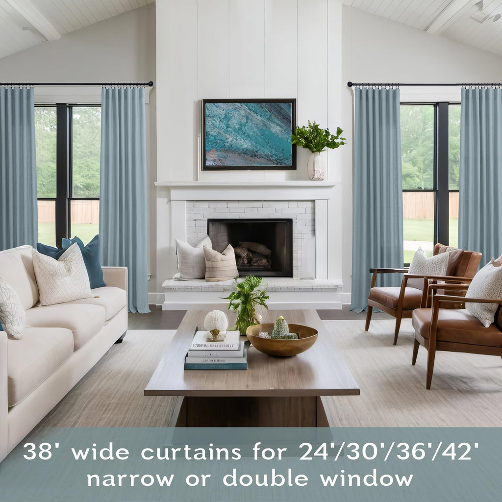 Blue Curtains 38 Inch Wide for Small Window 2 Panel Sets Rod Pocket Linen Blend Semi Sheer Cafe Tier Narrow Curtains