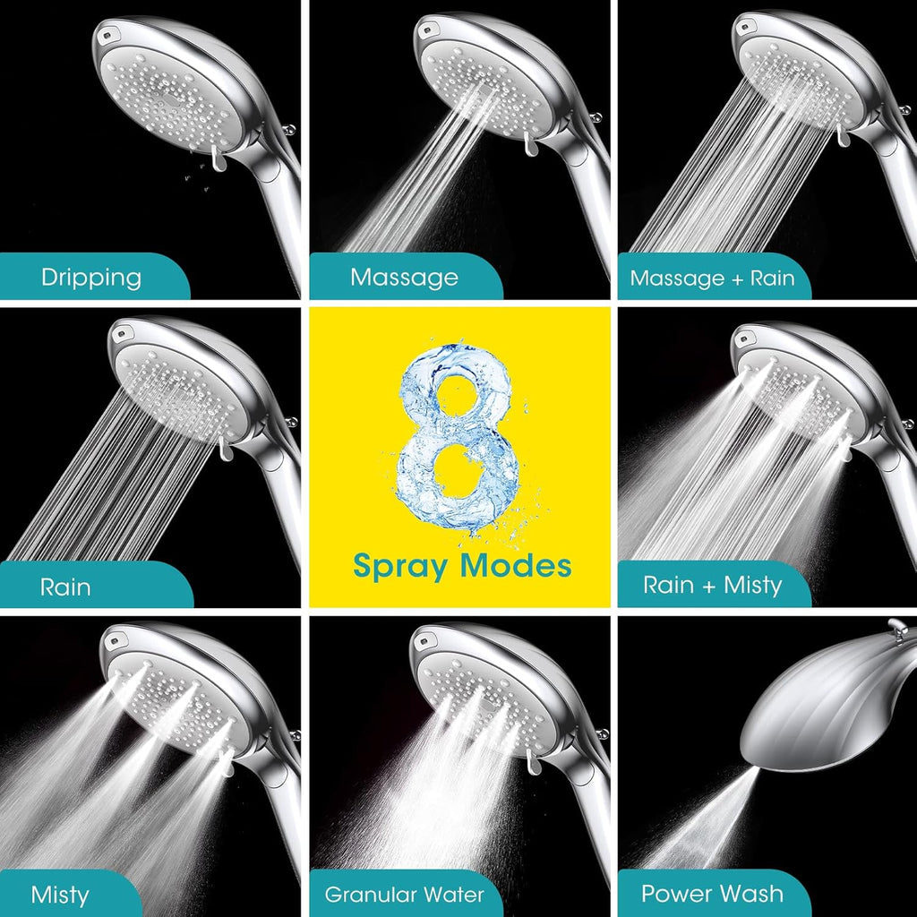 Shower Head with Handheld, High Pressure 8-Mode Filtered Shower Head with 80" Extra Long Stainless Steel Hose &