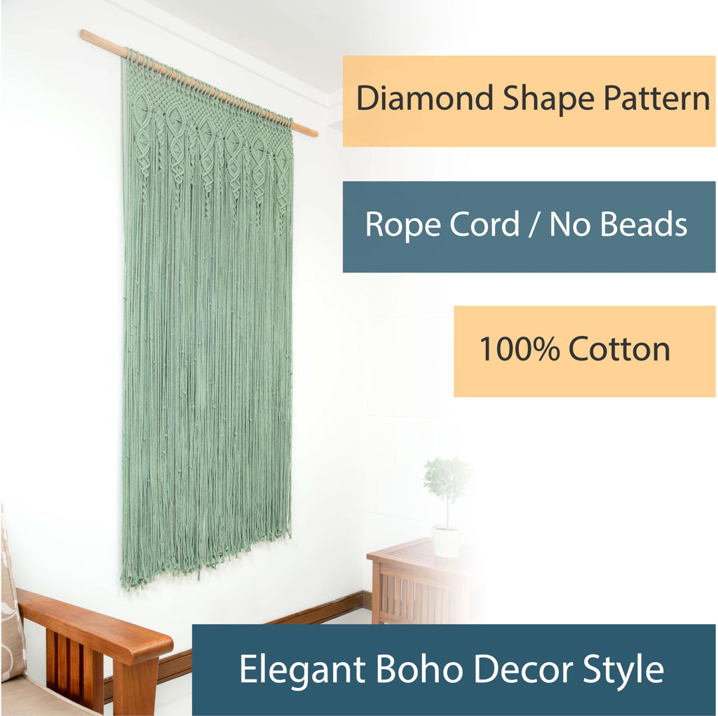 Premium 4mm Thick Extra Dense Macrame Door Curtain - Handcrafted Sage Green Boho Bohemian Curtain for Doorways - No