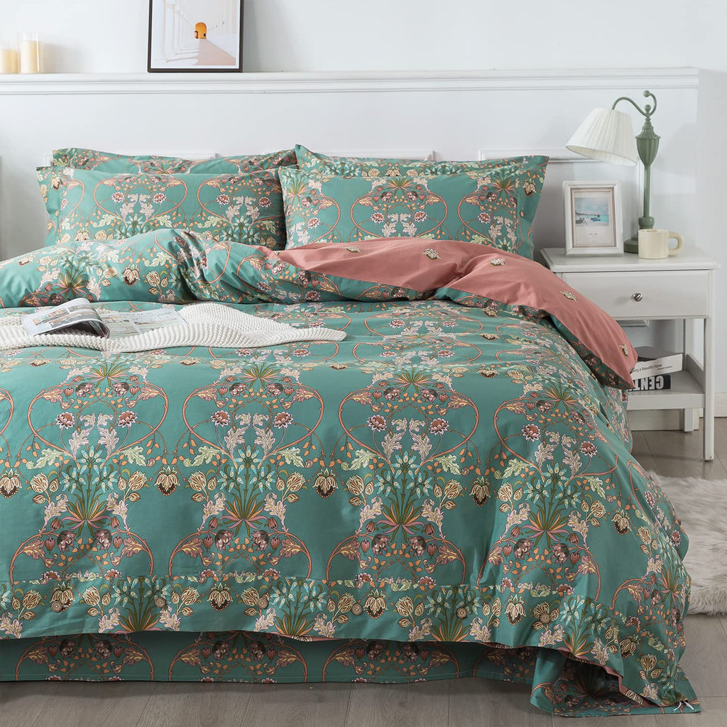 Duvet Cover Set Floral Bedding Button Closure Full Premium 100% Cotton 600 TC Shabby Vintage Reversible Blue Orange