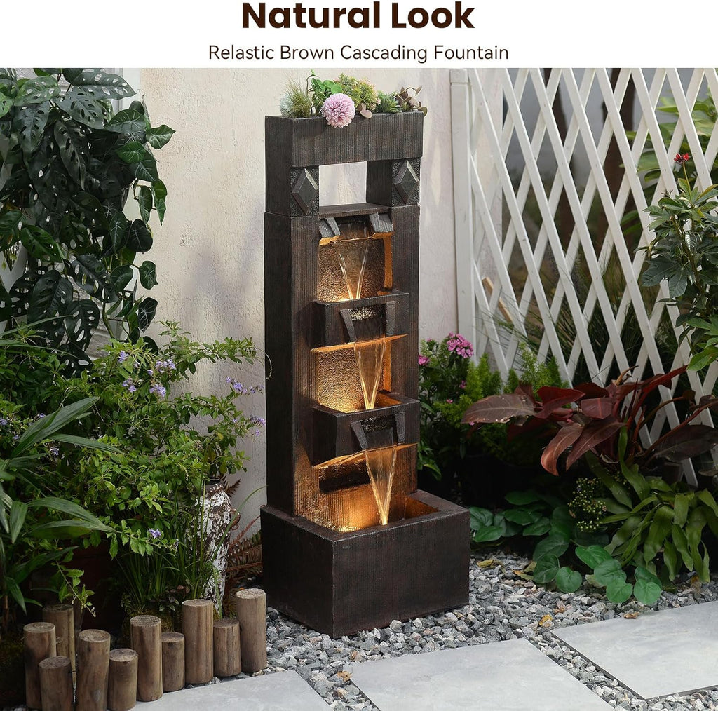 40.9" H 4-Tier Indoor/Outdoor Modern Water Fountain with Led Lights and Pump, Outdoor Freestanding Cascading Waterfall