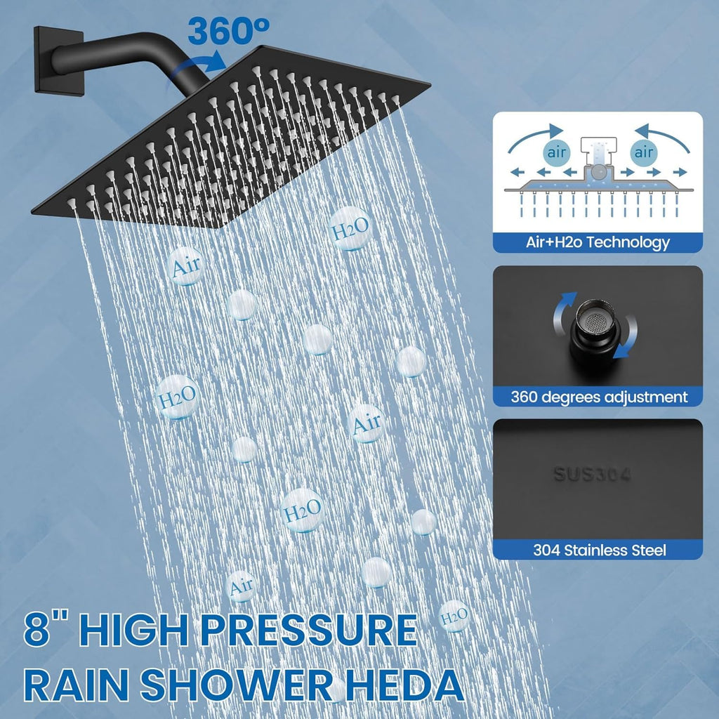 8" Square Rainfall Shower Faucet Set with Tub Spout, Matte Black