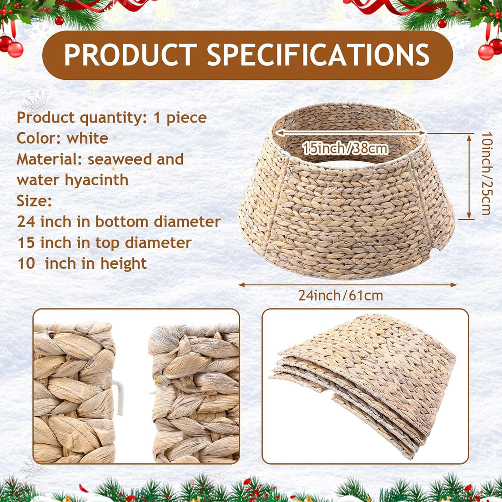 Christmas Tree Collar Woven Wicker Farmhouse Rustic Tree Skirt Basket Ring for Christmas Decorations(White,24 Inches)