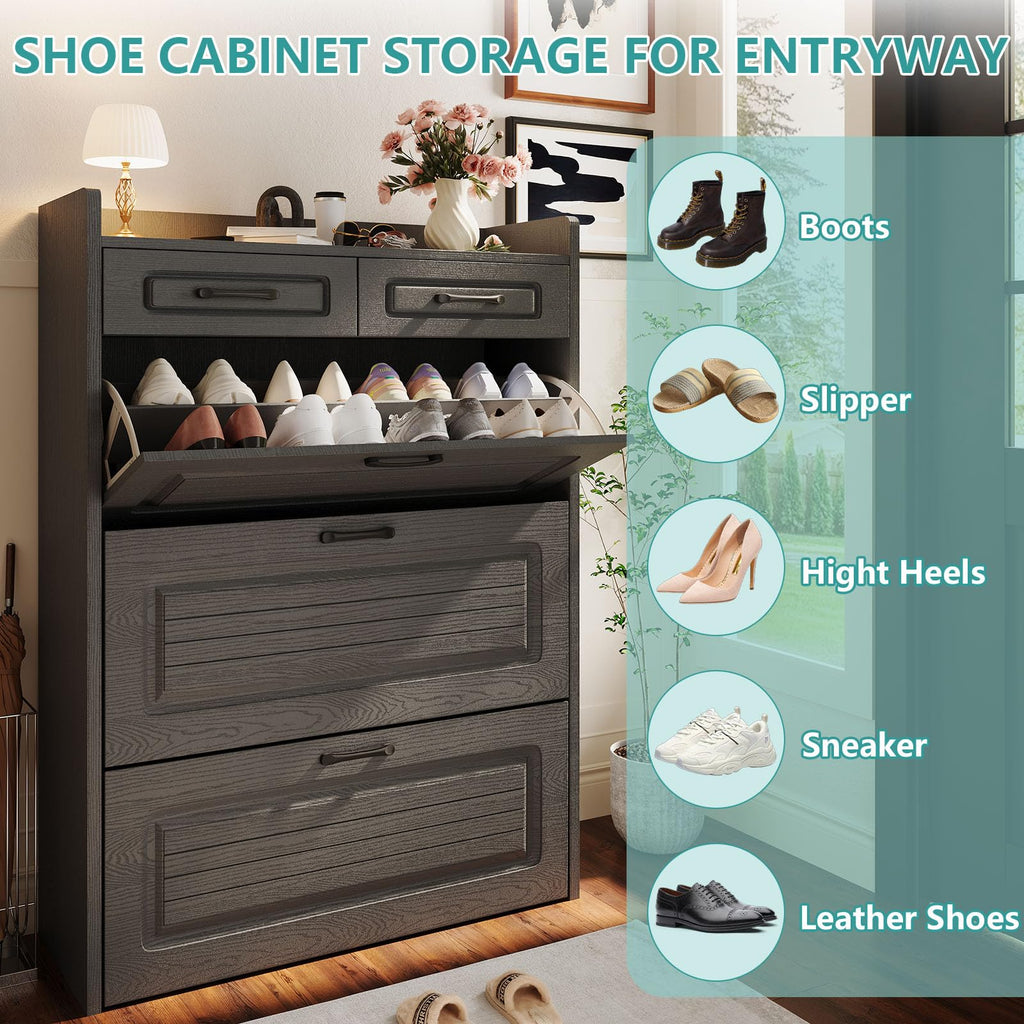 Shoe Cabinet with 3 Large Flip Drawer 2 Top Drawer Dark Grey