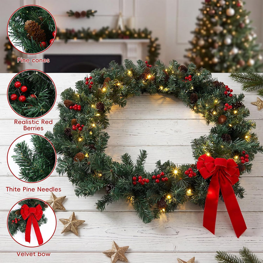 35 Inch Double Door Cordless Wreath, Pre-lit