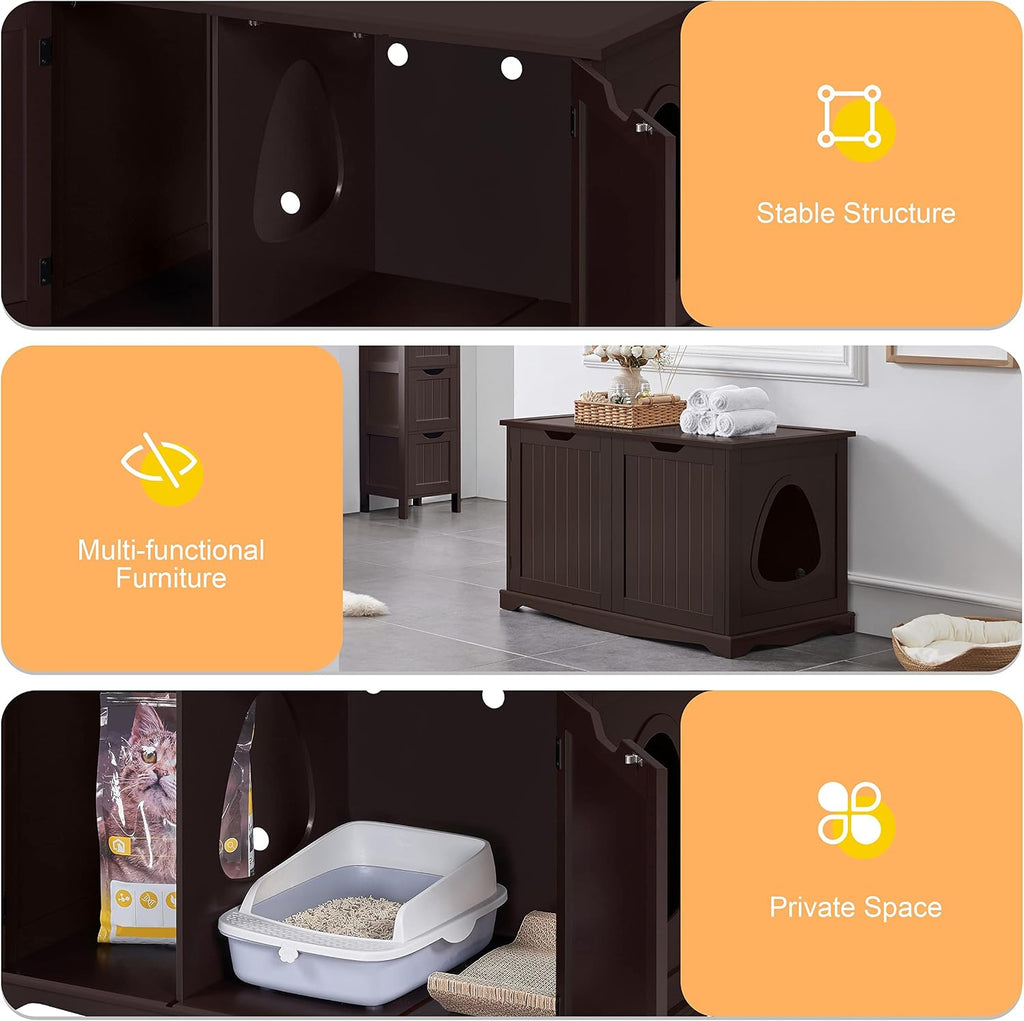Cat Litter Box Enclosure, Litter Cabinet Furniture Hidden, Wooden Pet Crate Kitty Washroom Storage Bench with Divider