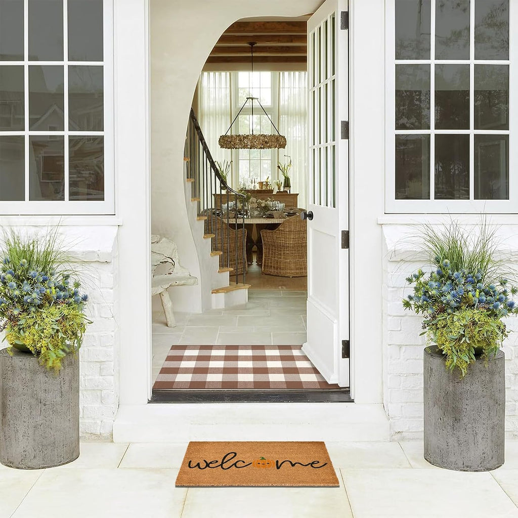Fall Door Mat Combo Set, Welcome Coco Coir Welcome Doormat + 28" x 43" Mocha and White Plaid Rug, Autumn Thanksgiving