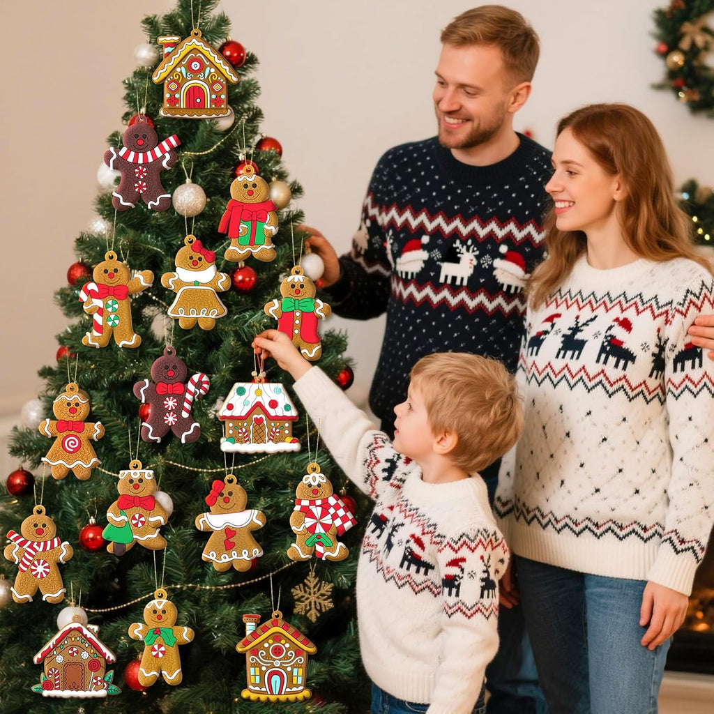 Gingerbread Man Ornaments Gingerbread Christmas Decorations with Gingerbreads House Ornament Hanging Party Decor - Set of 16