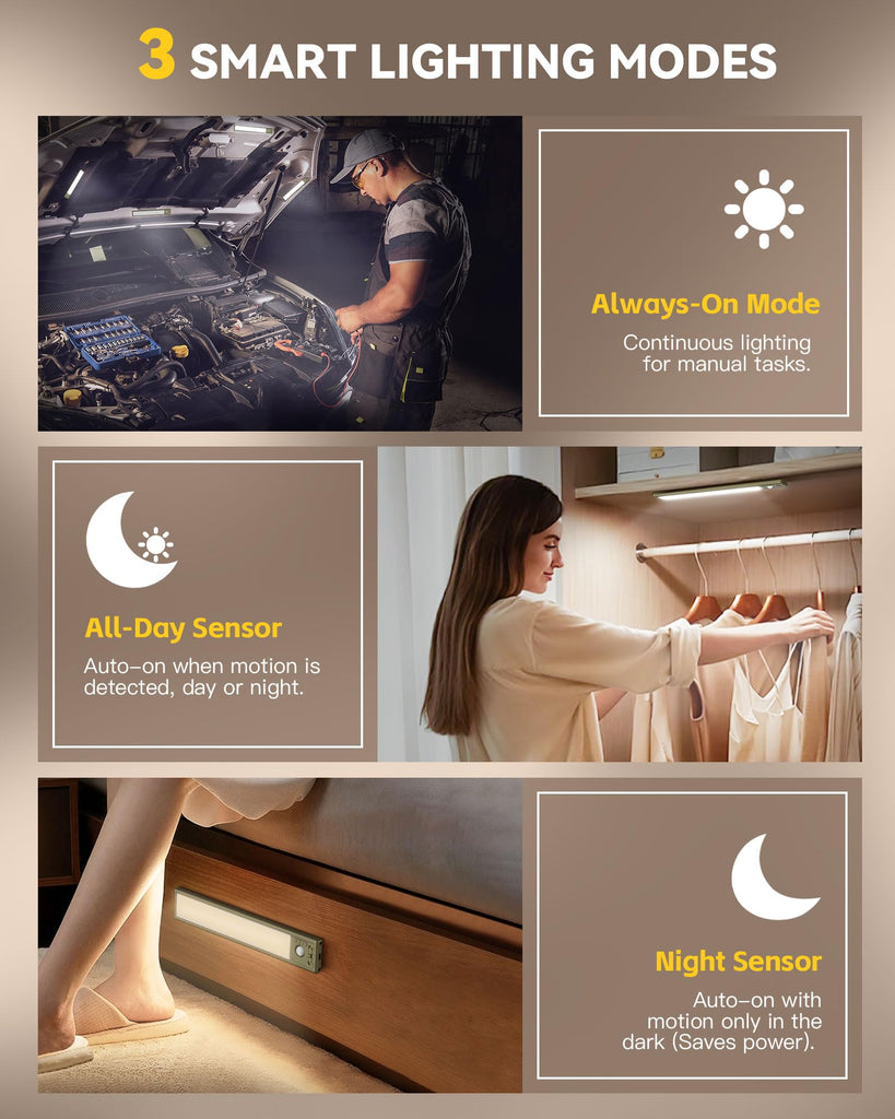 10.5 Inch 2 Pack Under Cabinet Lighting, 3 Color Temps Rechargeable Motion Sensor Light Indoor, Wireless No Drill 5