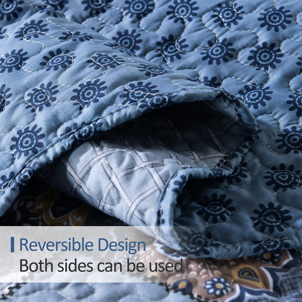 Navy Blue Plaid Floral Quilt Set 98"x106", 3 Pcs Boho Bedspread Coverlet Set for All Season, Patchwork