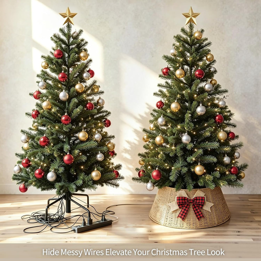 Christmas Tree Collar with Bow Knot, Handwoven Tree Base Cover Tree Skirt Accessory Decor Display, Natural (24 Inch)