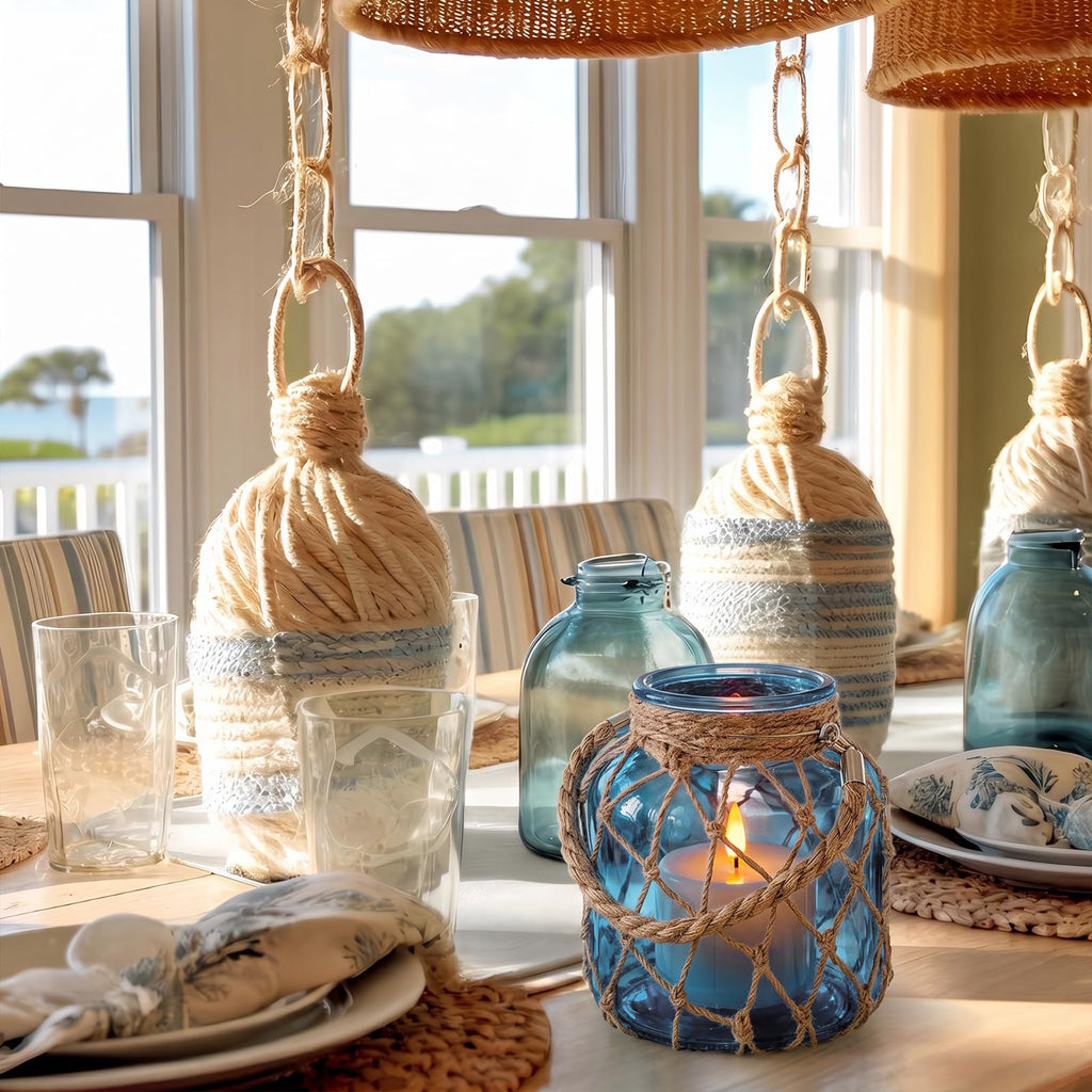 2 Set Nautical Lanterns Rope Handle, Coastal Glass Jar, Navy Blue